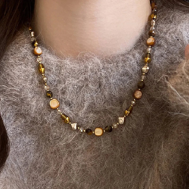 Vintage Handmade Brown Resin Stone Geometry Beaded Choker Clavicle Chain Necklace For Women Trendy Charm Neck Jewelry Gift