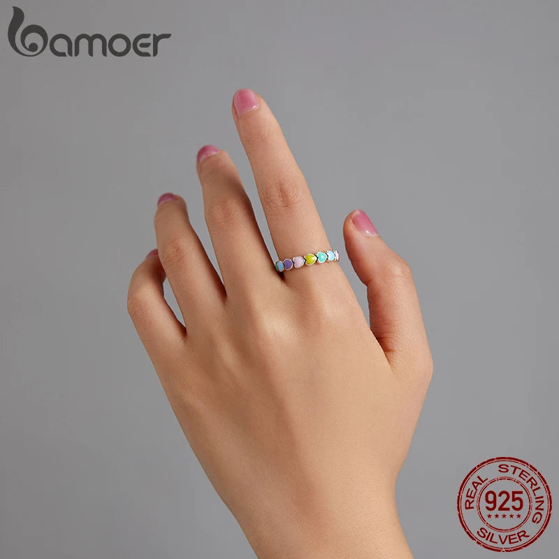BAMOER 925 Sterling Silver Cute Rainbow Heart Finger Ring for Women Stackable Silver Ring with Mini Hearts Trendy Jewelry