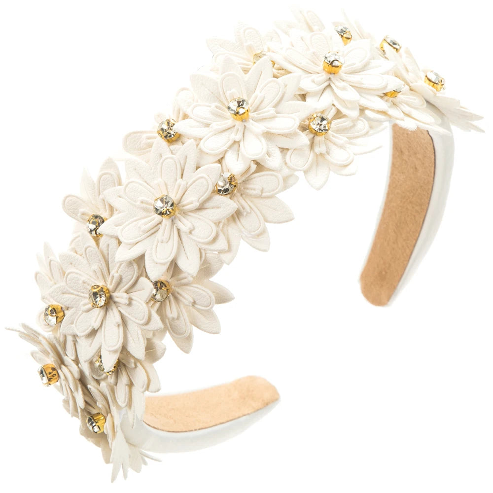 European and American New Multi-layer Leather Floral Headband Sponge High Skull Top Inlaid With Diamond Forest Style Headband