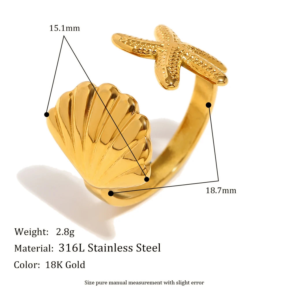 E.B.belle Personality Shell Starfish Opening Rings for Women New Fashion 316L Stainless Steel  PVD Plating Jewelry Decoration