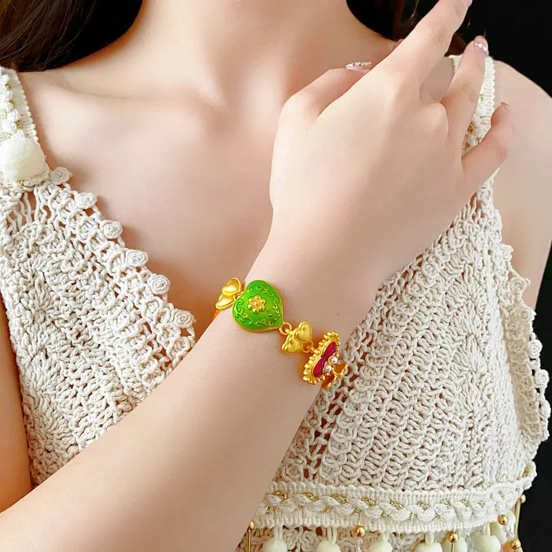 Vintage Bracelet Earrings Set for Women Drip Oil Love Flower Drop Earrings Light Luxury Jewelry Sets Wedding Party Gift