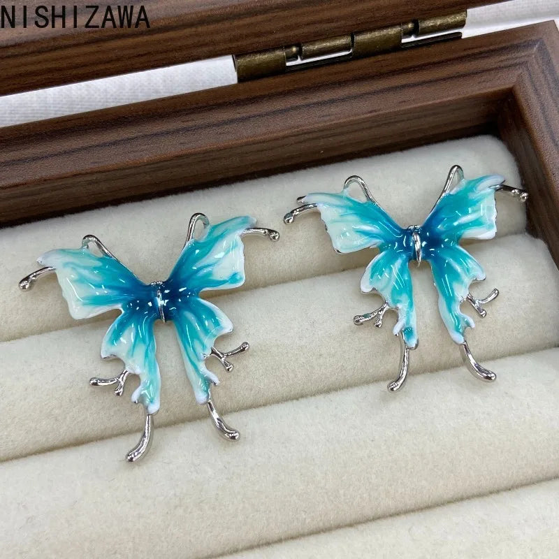 Enamel Butterfly Stud Earrings for Women Mori Girl Style Elegant Versatile Jewelry Fashion Summer Blue Pendientes Mujer