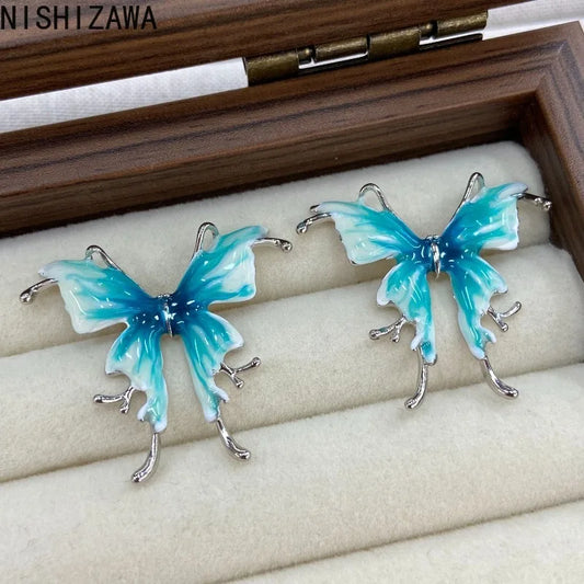 Enamel Butterfly Stud Earrings for Women Mori Girl Style Elegant Versatile Jewelry Fashion Summer Blue Pendientes Mujer