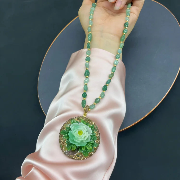 Turkish Natural Tourmaline Crystal Stone Neckalce Jade 3D Peony Flower Pattern Gemstone Pendant Charm Chain Women Lucky Jewelry