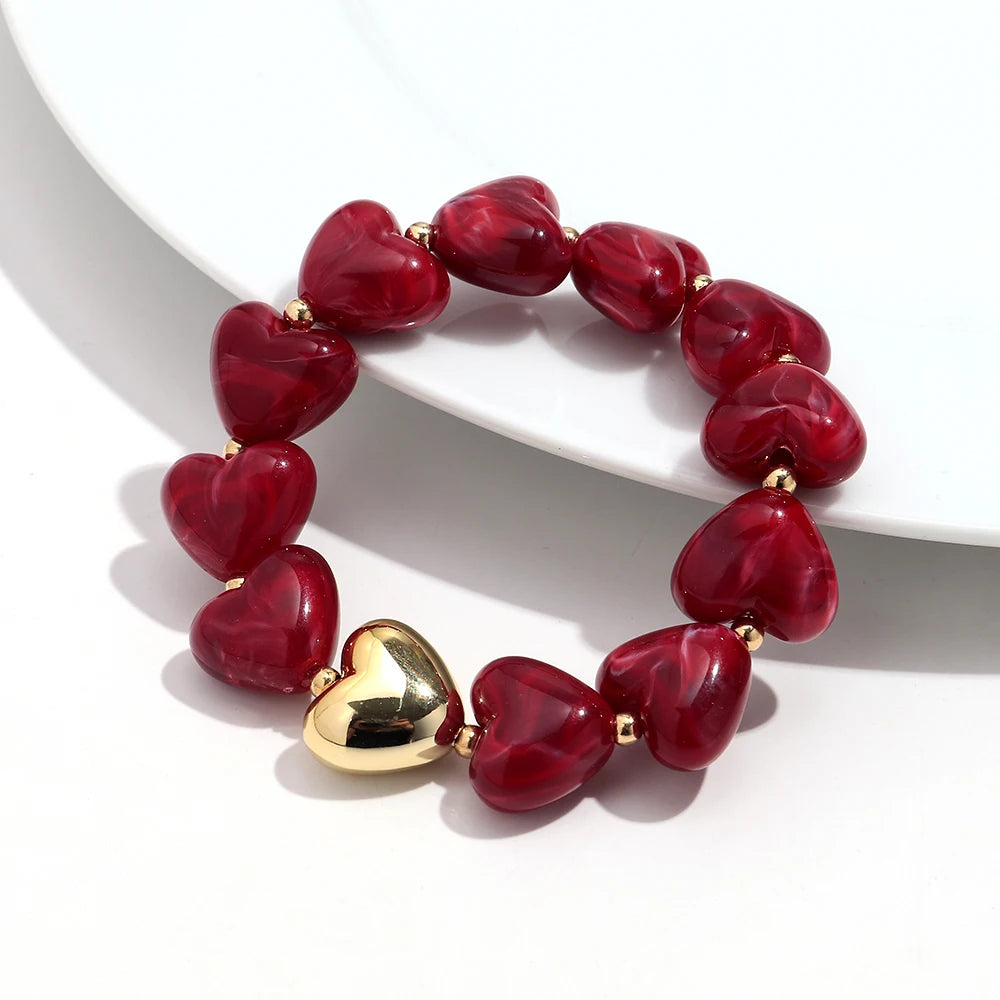 Sweet Resin Love Heart Beads Elastic Bracelets for Women Cute Geometric Heart Shape Stretch Bracelet Party Jewelry Gifts