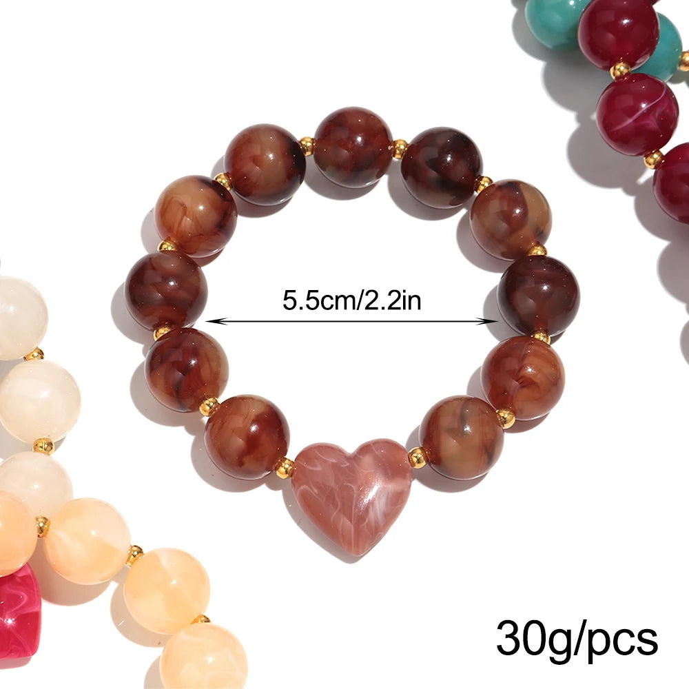 Trendy Acrylic Round Heart Beads Elastic Bangle Bracelets Resin Colorful Geometric Beaded Stretch Bracelet Women Charm Jewelry