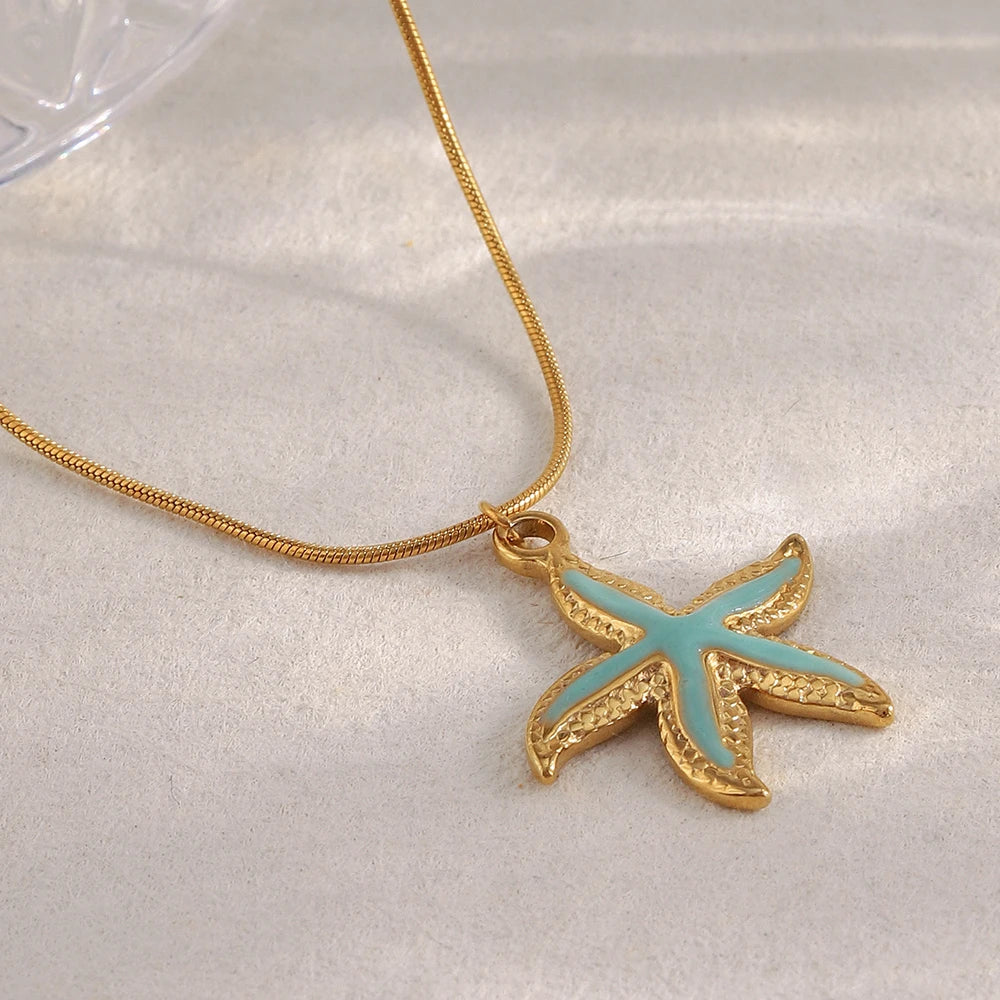 E.B.belle Summer Beach Cute Coloful Starfish Pendant Necklace 18K Gold Plated  316L Stainless Steel Holiday Neck Jewelry