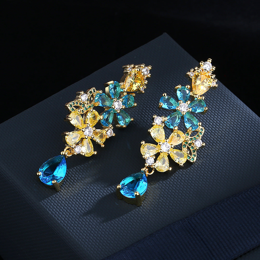 Bohemian colorful zircon flower earrings 925 silver needle fashion heavy industry new personality earrings female wholesale