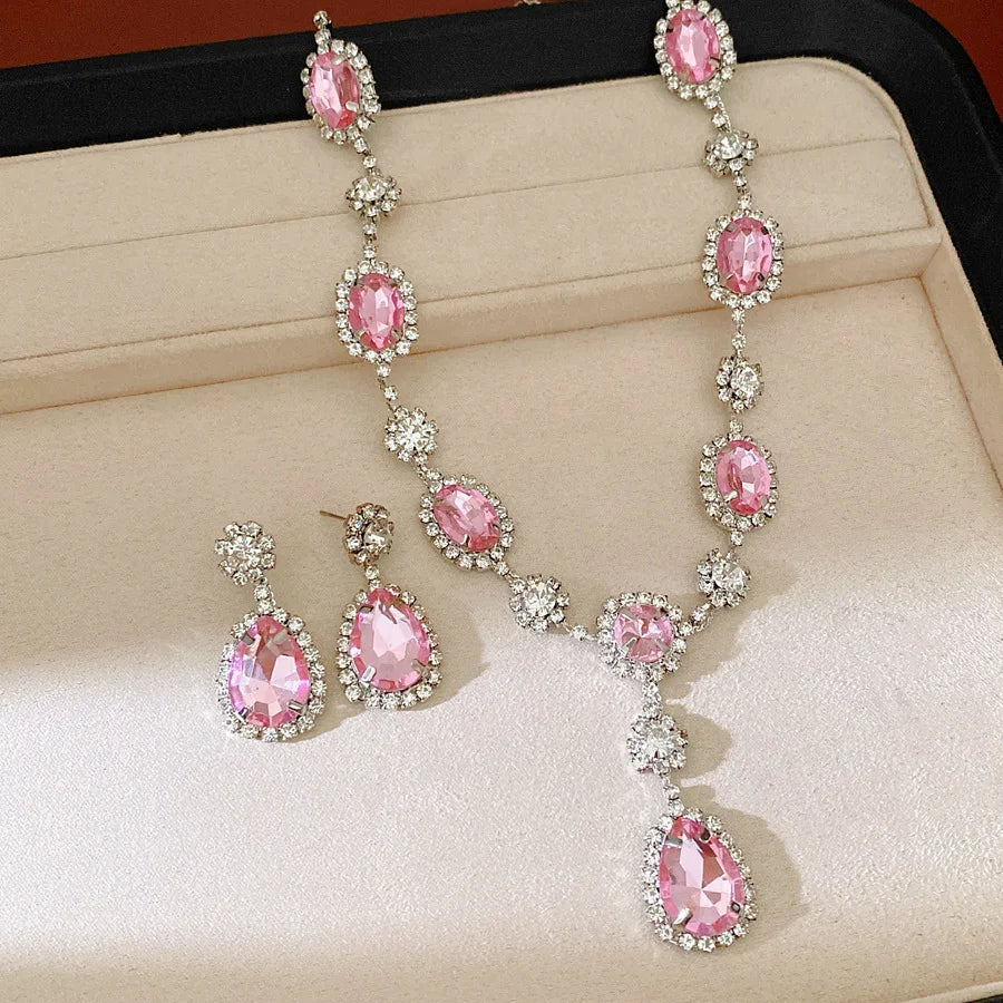 Shiny Cubic Zirconia Jewelry Set Women's Fashion Water Drop Teardrop Rhinestone Choker Necklace Dangle Earrings for Party K