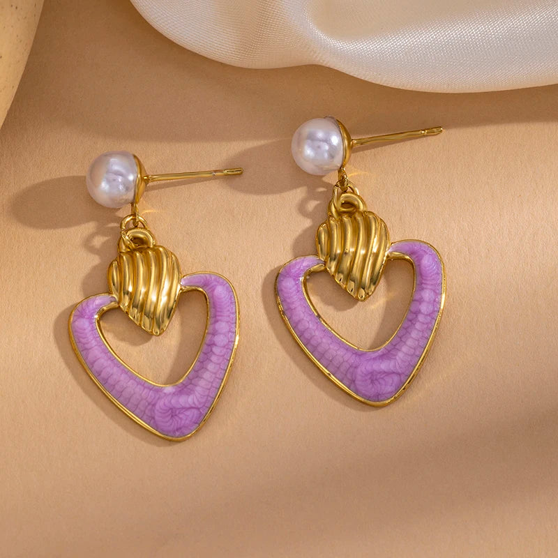 ANENJERY 316L Stainless Steel Hollow Heart Imitation Pearls Stud Earrings For Women Luxury Niche Temperament Simple Jewelry Gift