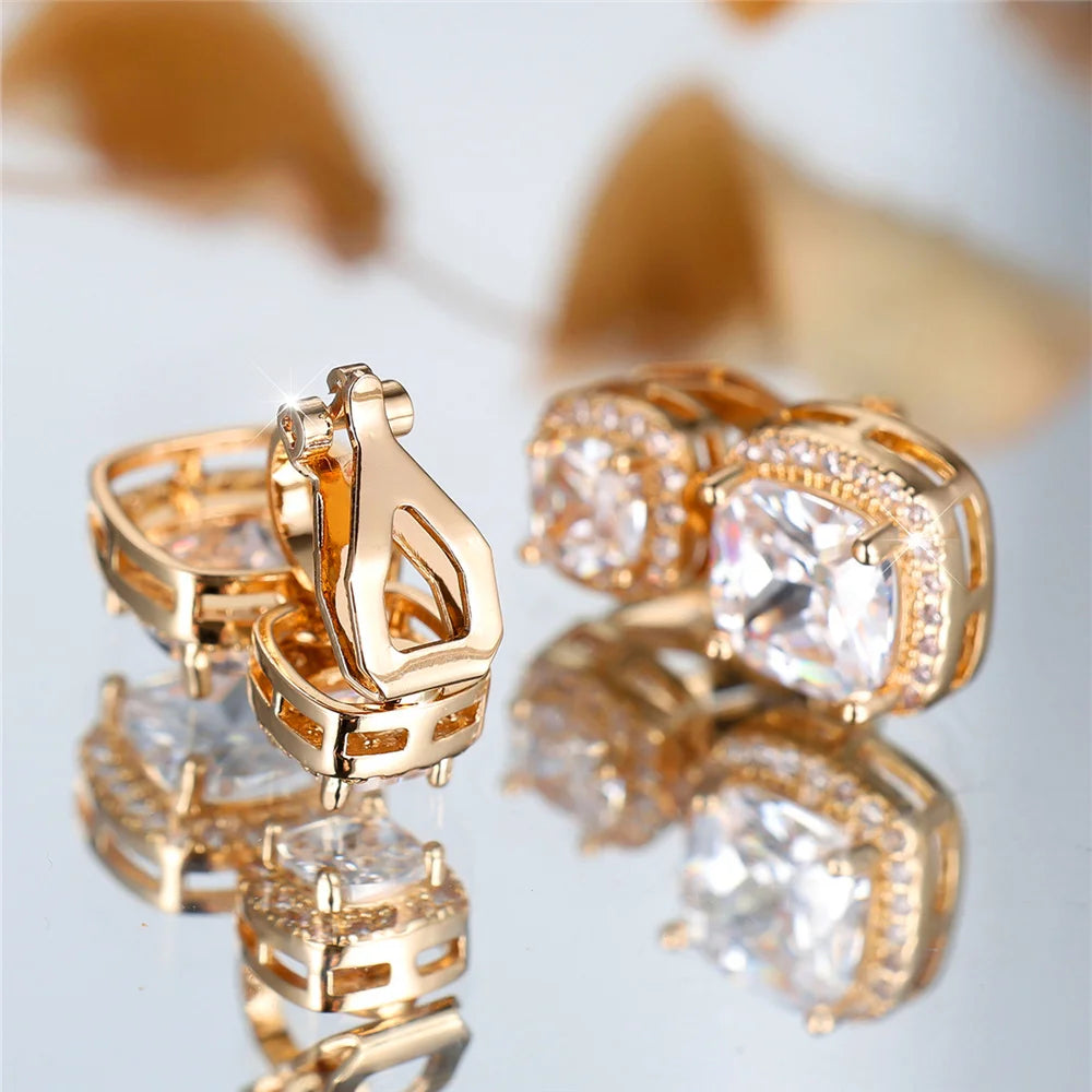 Luxury Big White Zircon Clip Earrings For Women Luxury Crystal Female Silver Color Round Wedding Jewelry