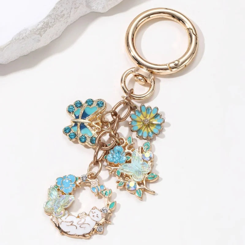 Pretty Cat Butterfly Flowers Enamel Keychain Cute Animals Plants Key Ring For Women Girls Handmade Friendship Gift Diy Jewelry