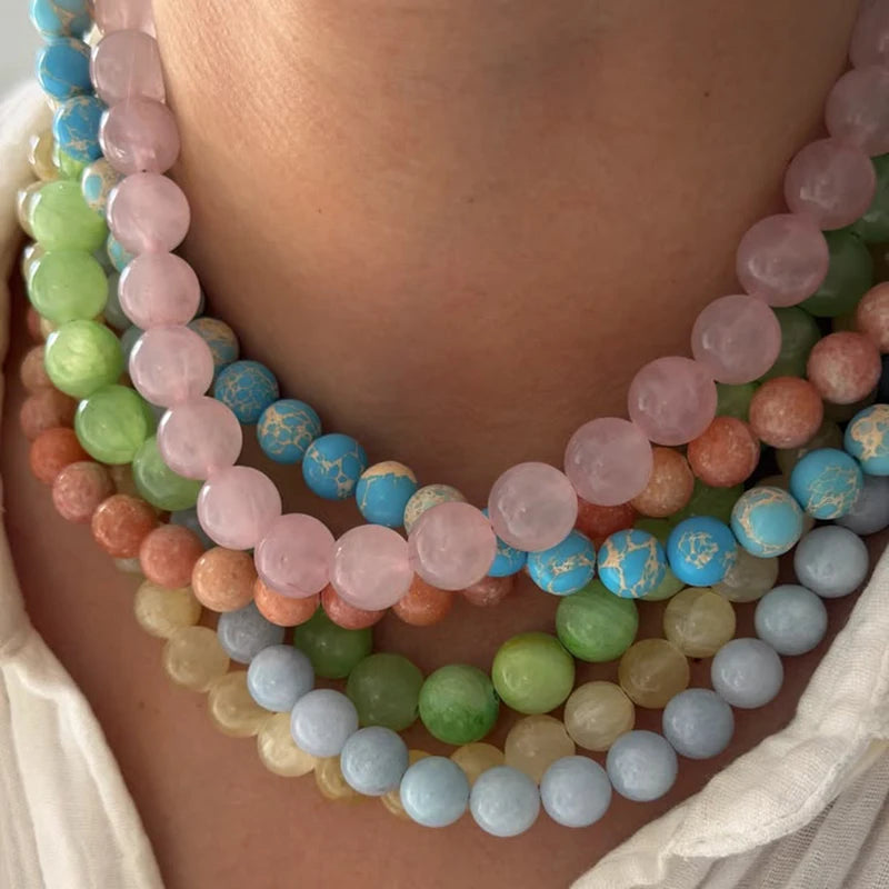 Summer Bohemia Colorful Natural Stone 10mm Bead Necklace Handmade Glass Beading Collar Choker for Women Girls Trend Jewelry Gift