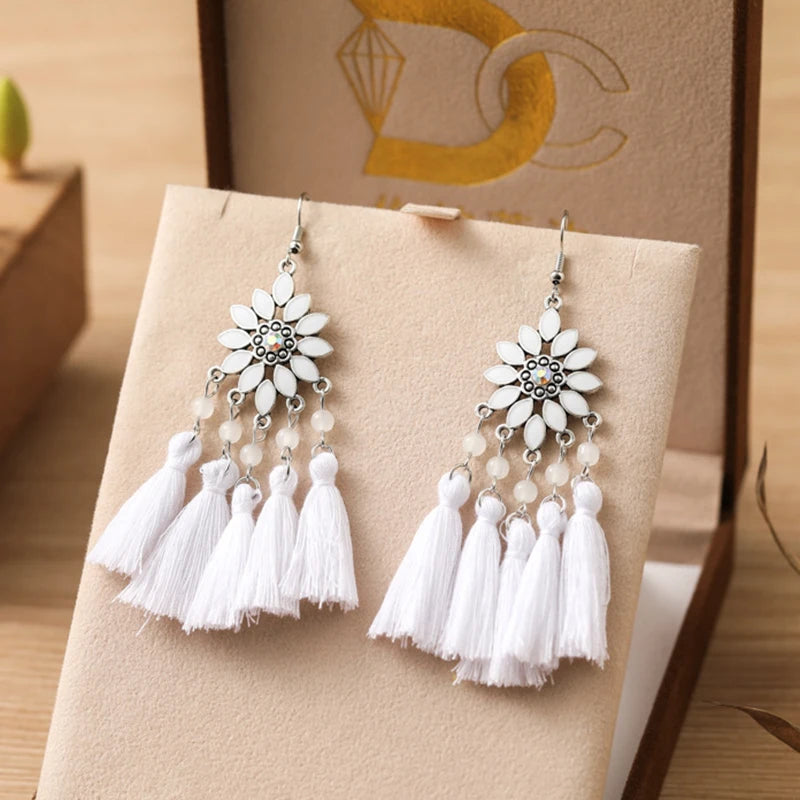 Classic Ethnic Tassel Earrings for Women Bohemian Enamel Flower Crystal Handmade Earring Female DailyVacation Jewelry