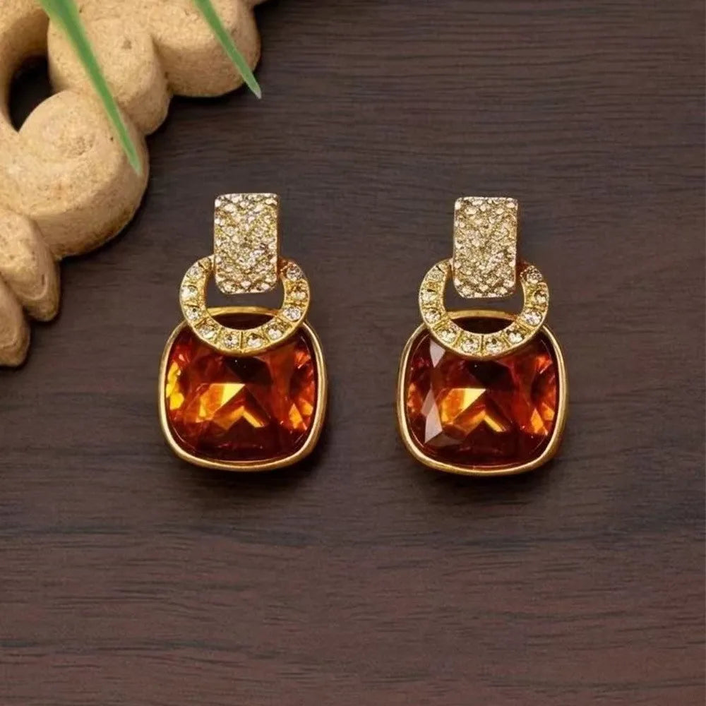 Retro Luxury Fashion Purple Square Sugar Ring Buckle Earrings for Women's High-End Accessories for Daily Commuting, Parties