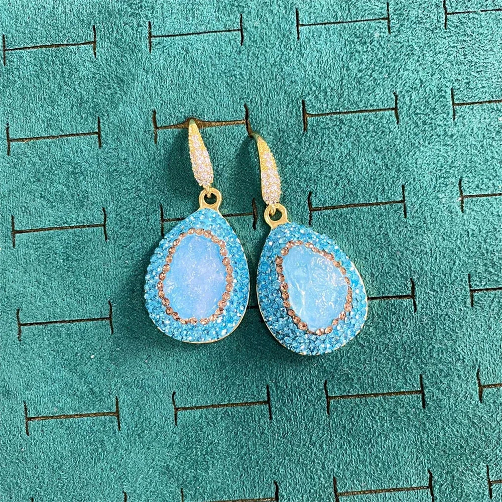 Turkish Raw Baroque Aquamarine Crystal Jewelry Set for Women Rhinestone Quartz Irregular Stone Necklace Ring Hook Earring Sets