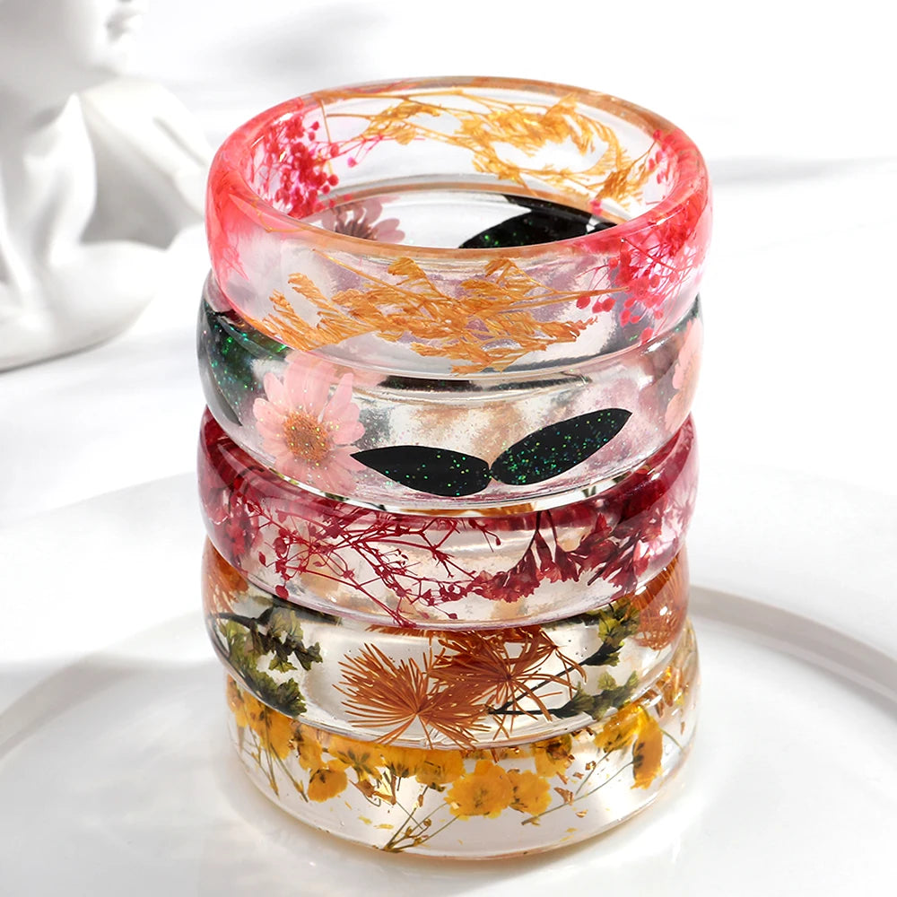 Vintage Dried Flowers Transparent Resin Chunky Bangles New Stackable Cuff Bangle Bracelets for Women Charm Jewelry