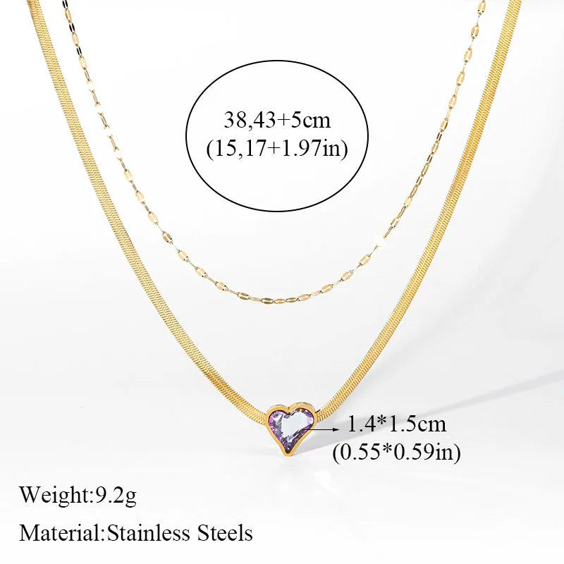 EILIECK 316L Stainless Steel Colorful Heart Love Zircon Pendant Necklace For Women Fashion 2 IN 1 Neck Chain Jewelry Gift collar