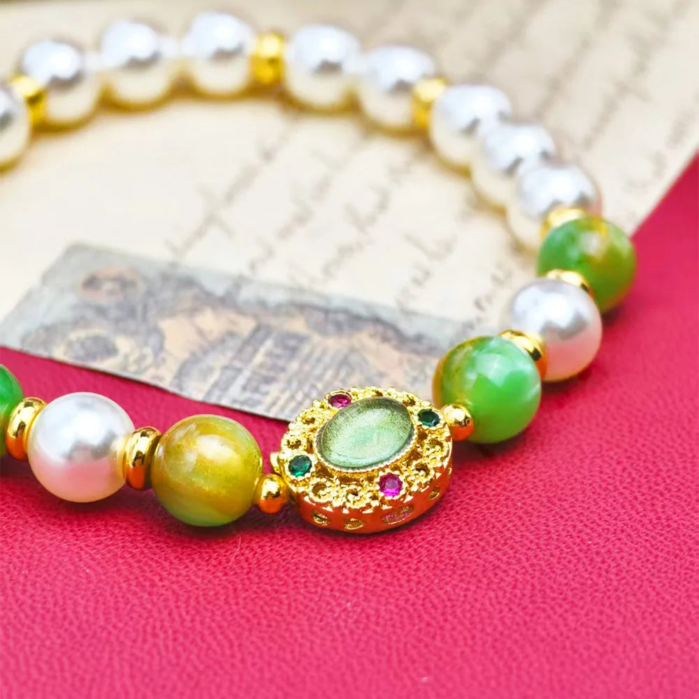 NEW Natural Green stone Beaded Pearl Bracelet for Women Golden Charm Boho Bracelet Wedding Party Daily Wear Jewelry Gift