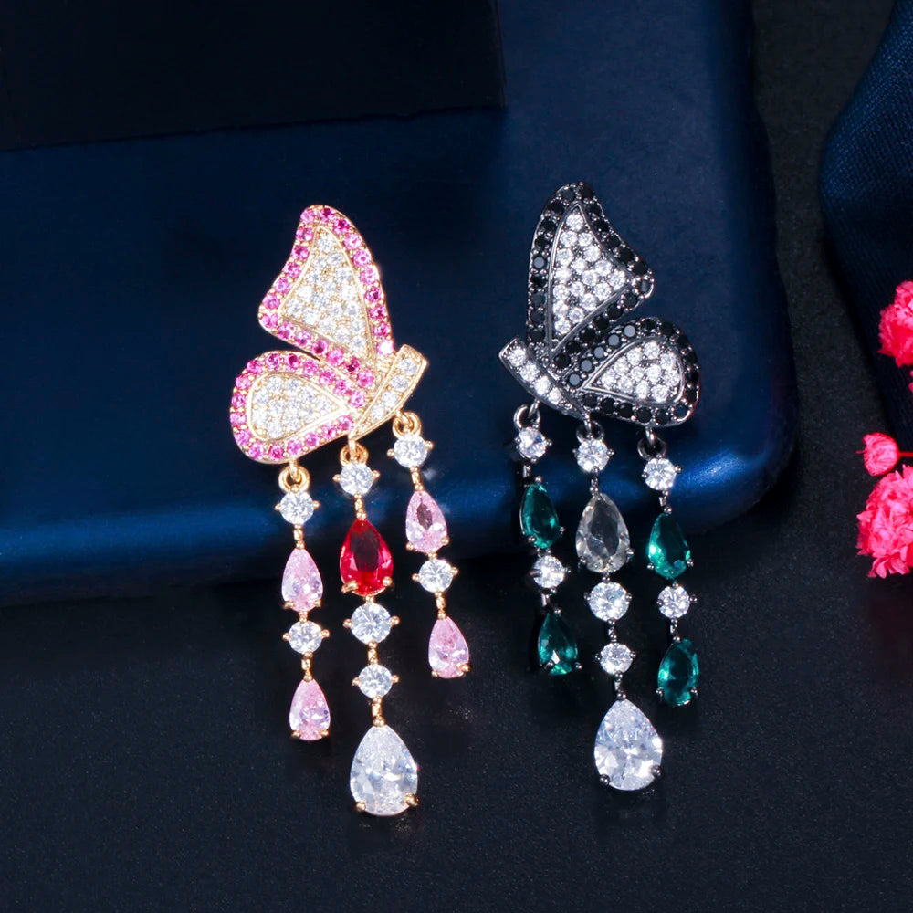 ThreeGraces Elegant Black Cubic Zirconia Butterfly Shape Long Dangle Tassel Earrings for Women New Fashion Party Jewelry E1281
