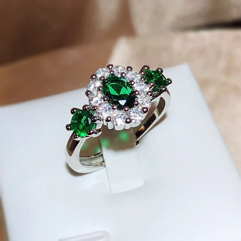 925 Stamp New Green Shiny Zircon Ring For Women's Fashion Green Ring Opening Adjustable Jewelry Bridal Engagement Ring