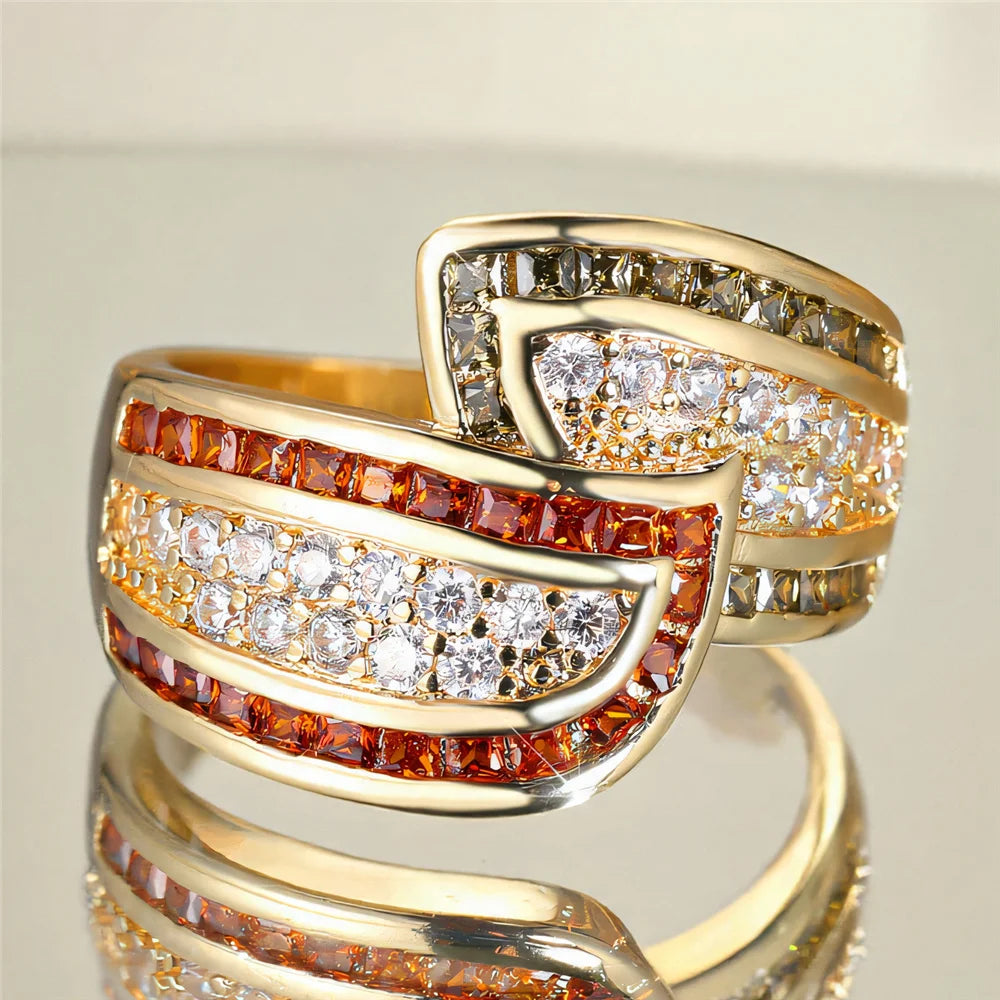Cute Female White Zircon Stone Gold Color Wedding Jewelry Promise Engagement Wheat Rings For Women