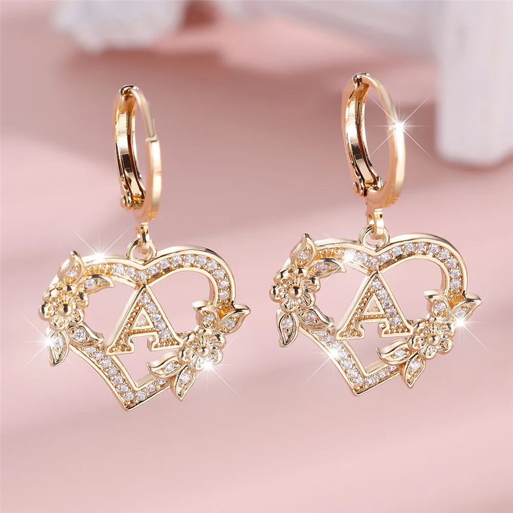 Female A-Z 26 Letter Heart Flower Hoop Earrings Yellow Gold Color White Zircon Wedding Jewelry For Women