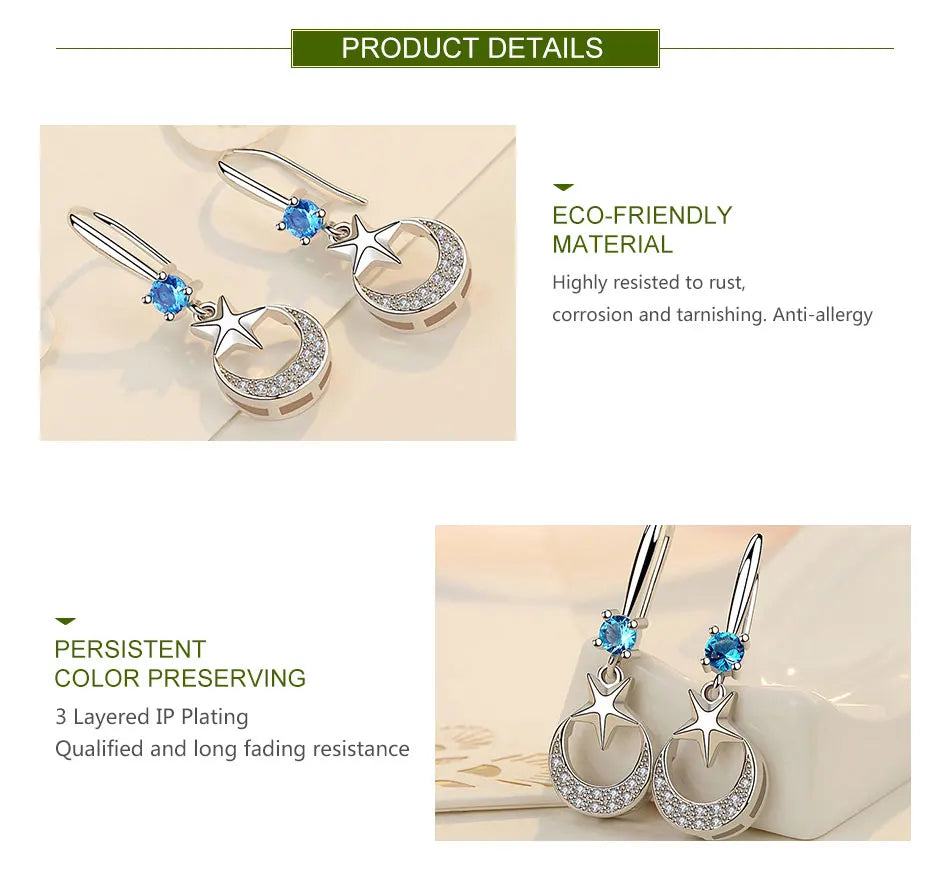ZDADAN 925 Sterling Silver Star Moon CZ Dangle Earrings For Women Fashion Jewelry