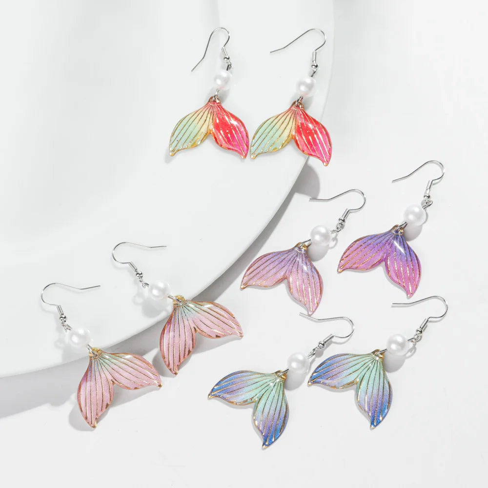 Cute Colorful Acrylic Mermaid Tail Earring for Women Elegant Pearl Beads Iridescent Drop Earrings Fashion 2025 Jewelry Gifts