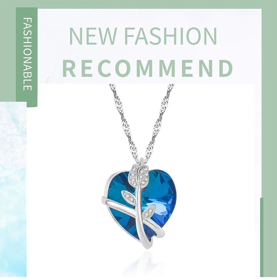 ZDADAN 925 Sterling Silver Rose Flowers Blue Heart Crystal Necklace For Women Fashion Jewelry