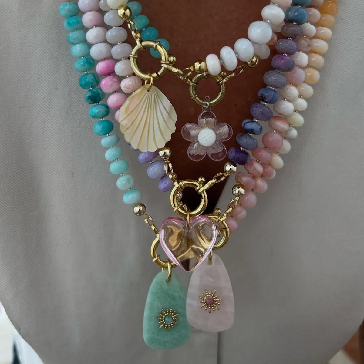 Handmade Colorful Glass Beaded Flower Neckalce Stainless Steel Geometric Natural Stone Pendant Choker Summer Beach Jewelry Gift