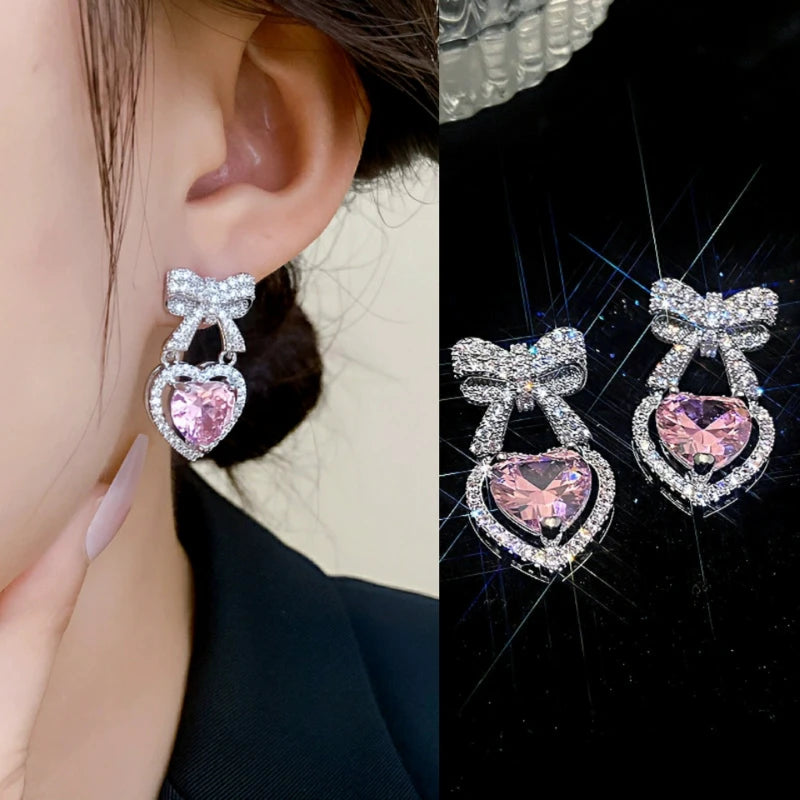 Exquisite Pink Heart Shape Bowknot Stud Earrings For Women Shining CZ Zircon Love Earring Girl Wedding Party Temperament Jewelry