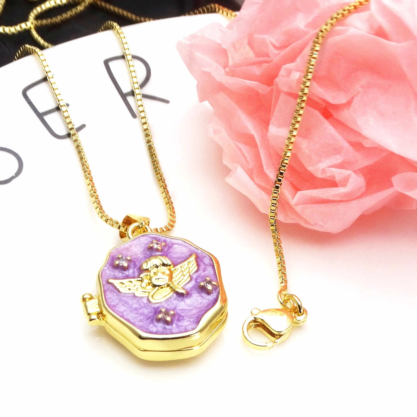 Micro Zircon oil drip photo box Angel Pendant necklace Love heart pendant necklace copper chain jewelry necklace