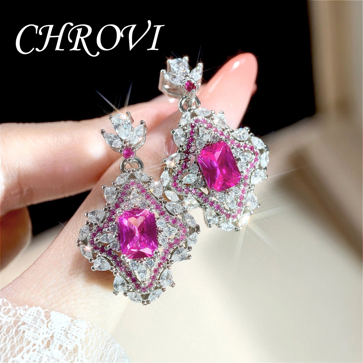 Luxurious 925 sterling silver long rectangular full-diamond style short earrings for women, open ring style