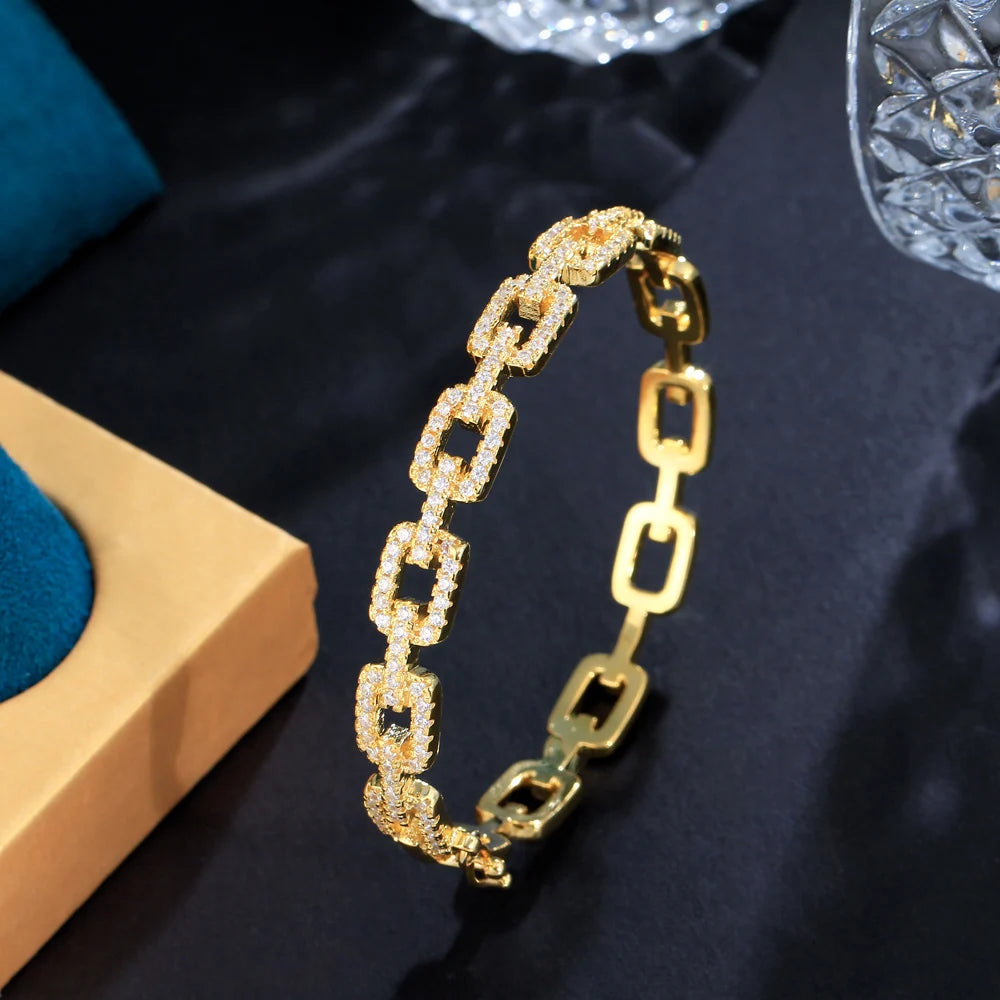 ThreeGraces Fashion Shiny Multicolor Cubic Zirconia Geometric Cuban Link Chain Cuff Bangle for Women Trendy Party Jewelry B077