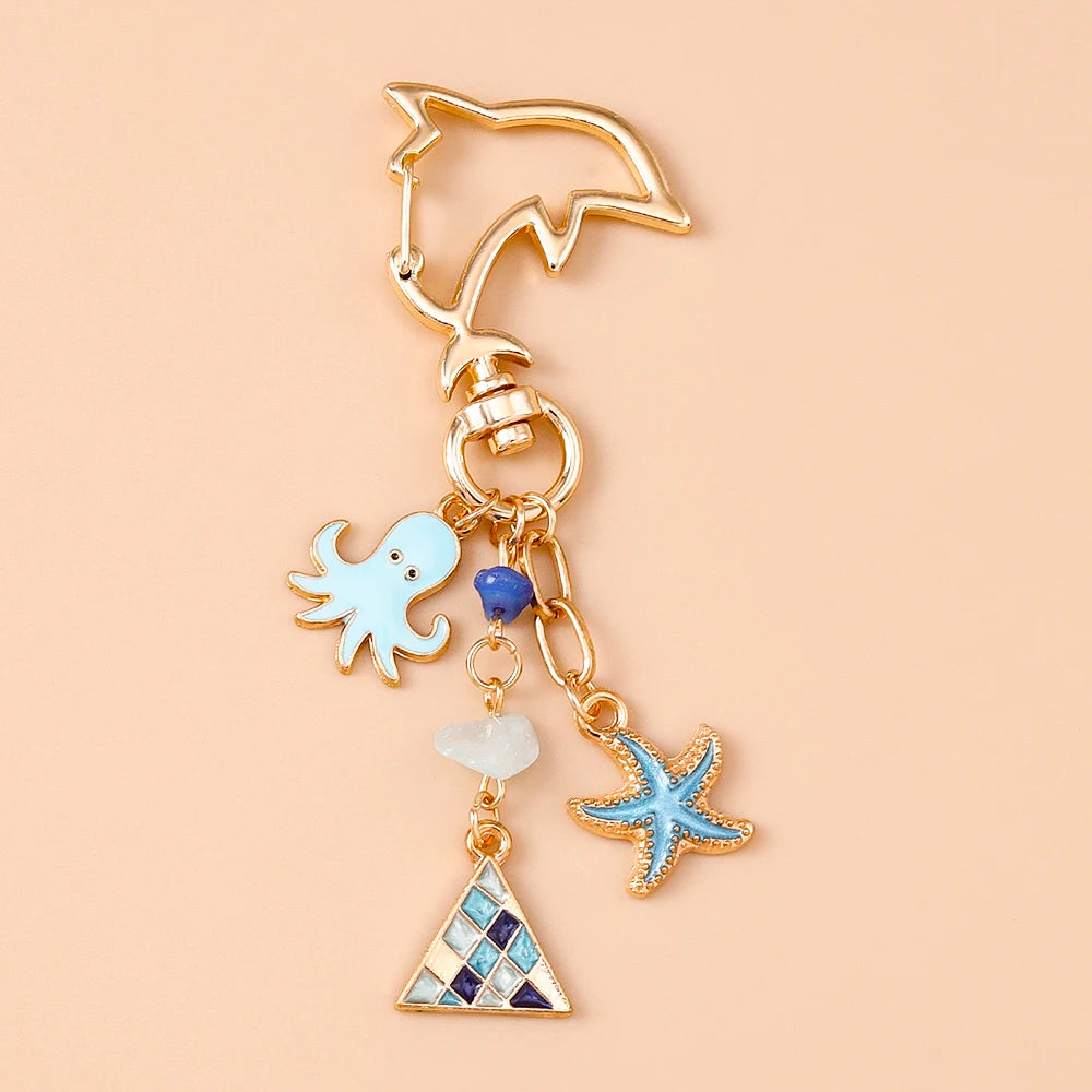 Summer Beach Mermaid Shell Starfish Keychain Women Girls Pearl Love Heart Key Ring Pendants for Handbag Decor DIY Jewelry Gifts