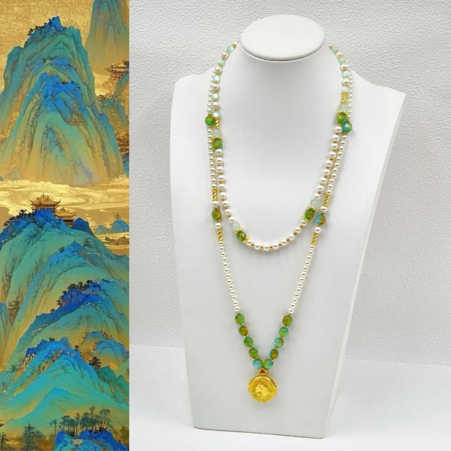 Year of the Horse Limited Oil Painting Gilded Pearl Pendant, Chinese Style Double layered Shijia High quality Pearl Necklace, Ho