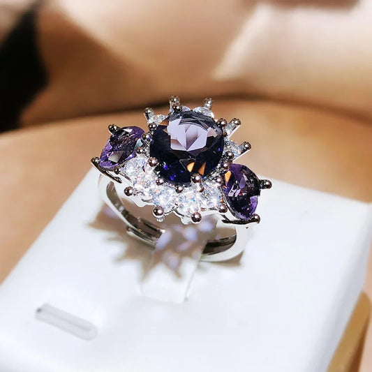 925 Silver Simple Sweet Diamond Ring Ladies New Purple Zircon Ring Women's Party Wedding Birthday Gift Wholesale