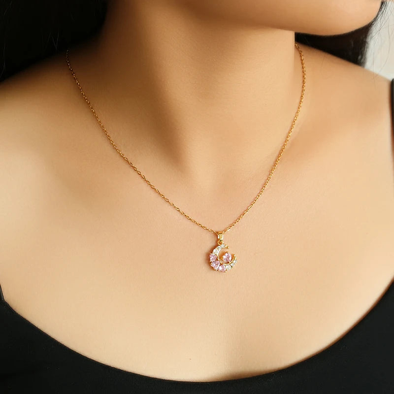 EILIECK 316L Stainless Steel Luxury Bling Zircon Moon Heart Pendant Necklace For Women 18K PVD Plated Neck Chain Jewelry Gift