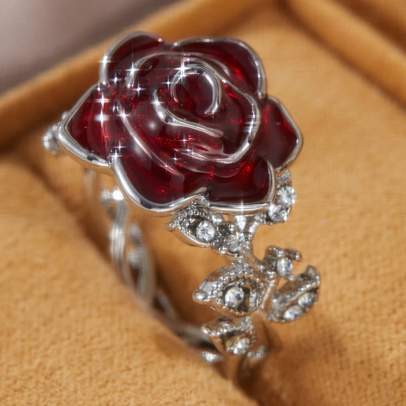 Bohemian Flower Red Crystal Rings for Women Girl Gorgeous Silver Color Ring Wedding Engagement Christmas Valentine's Day Gift