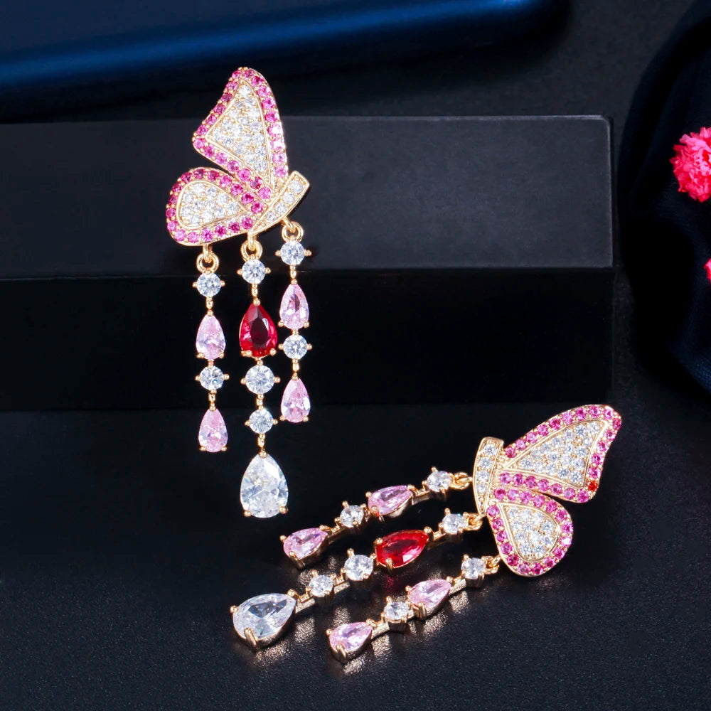 ThreeGraces Elegant Black Cubic Zirconia Butterfly Shape Long Dangle Tassel Earrings for Women New Fashion Party Jewelry E1281