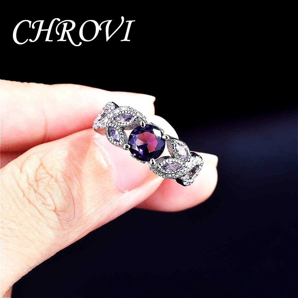 Luxury-Style 925 Sterling Silver New Model Set with Purple Crystal Ring - Full Diamond Engagement Ring for Women