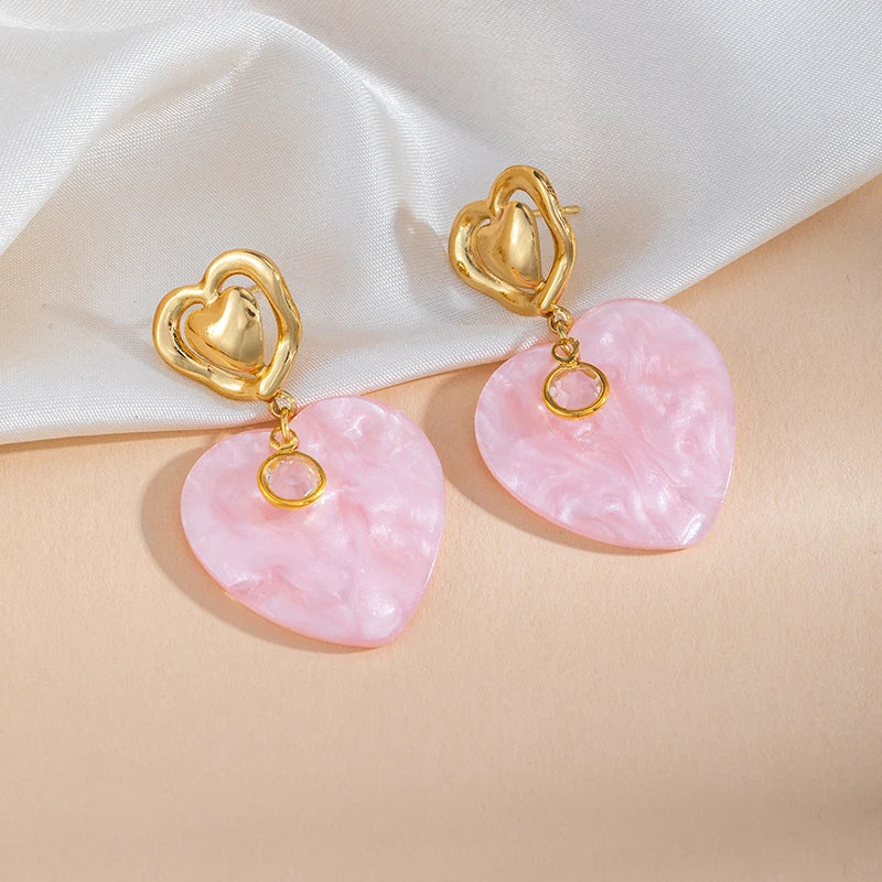 ANENJERY 316L Stainless Steel Double Layer Heart Pendant Stud Earrings For Women French Vintage Luxury Niche Jewelry Gift