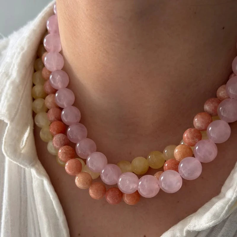 Summer Bohemia Colorful Natural Stone 10mm Bead Necklace Handmade Glass Beading Collar Choker for Women Girls Trend Jewelry Gift