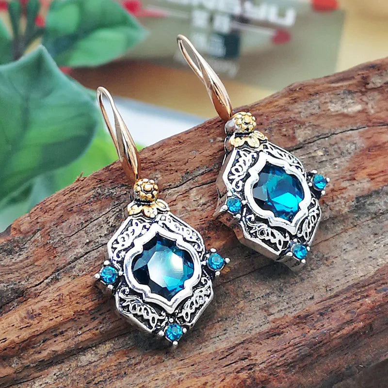 Vintage Square Blue Stone Boho Earrings for Women Ancient Ethnic Tone Engraving Flower Pattern Crystal Dangle Earrings Jewelry