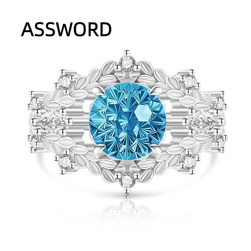 925 Sterling Silver Vintage Leaf Flower Ring Round Ice Flower Cut Cubic Zirconia Wedding Band Luxury Fine Jewelry Gift for Women