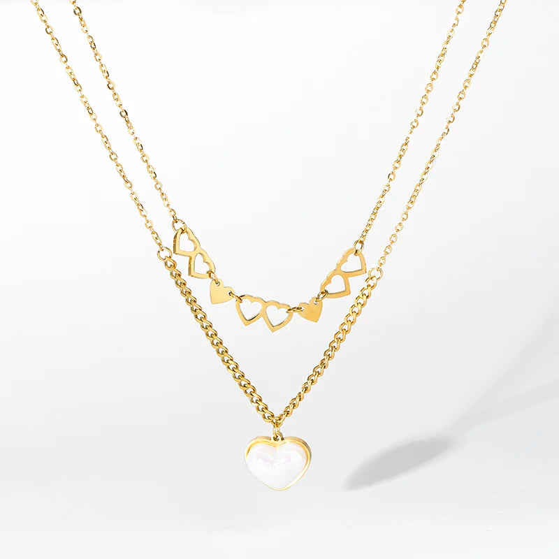 EILIECK 316L Stainless Steel Heart Love Pearl Pendant Necklace For Women Fashion Multilayer Neck Chain Jewelry Gift Collier