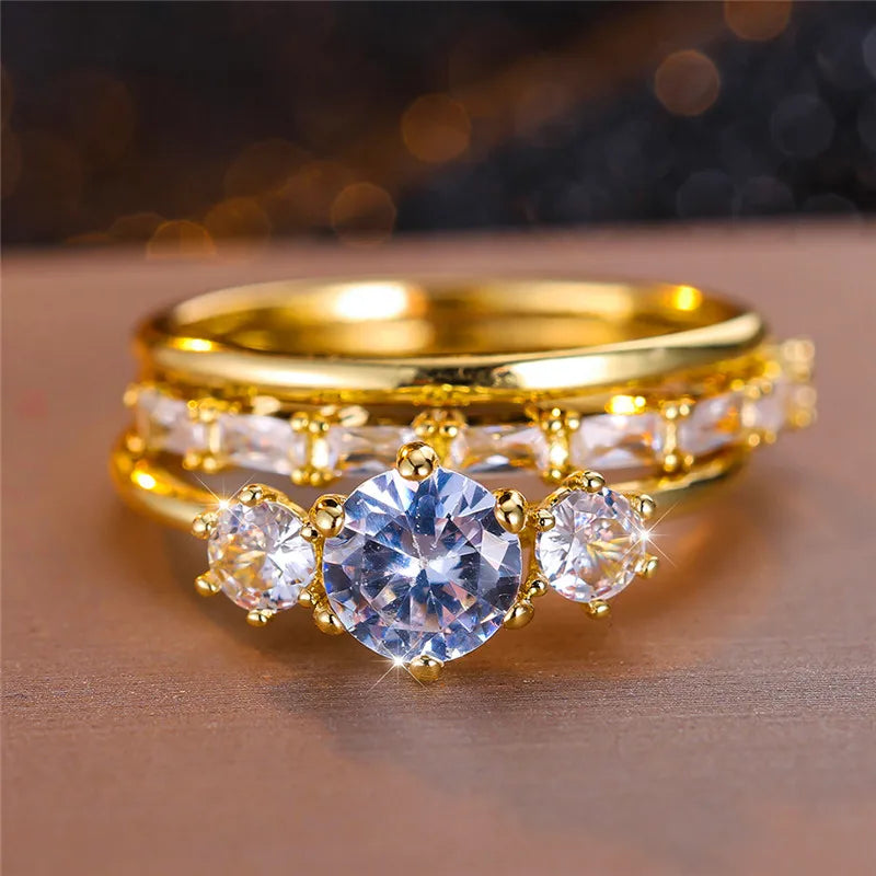 Female White Round Zircon Stone Ring Set Trendy Yellow Gold Color Engagement Cute Bride Wedding Jewelry Gift For Women