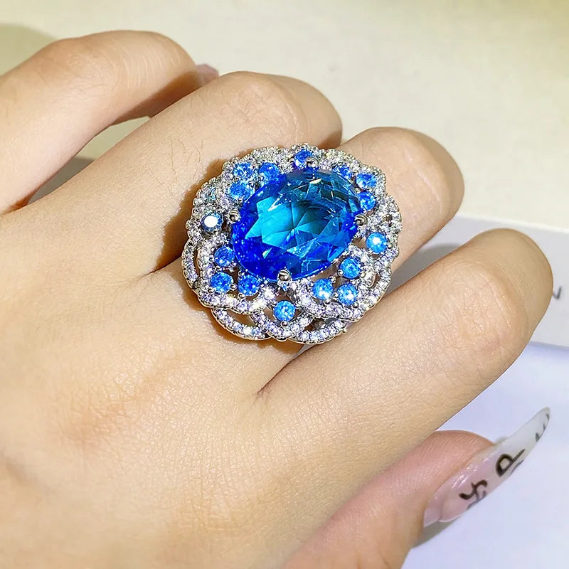High Quality Sparkling Blue Zircon Large Flower Ring Female 925 Silver Fashion Wedding Party Proposal Jewelry Gift