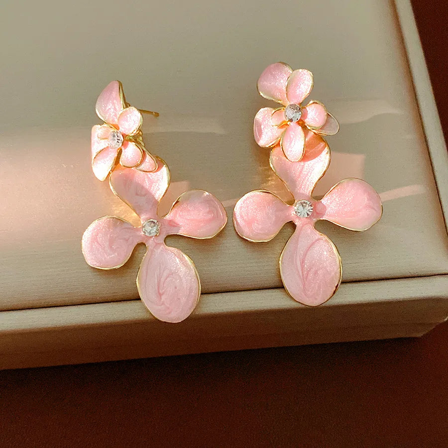 Double Layered Smudging Enamel Flower Drop Earrings for Women Vintage Shiny Rhinestones Dangle Earring Dating Party Jewelry N